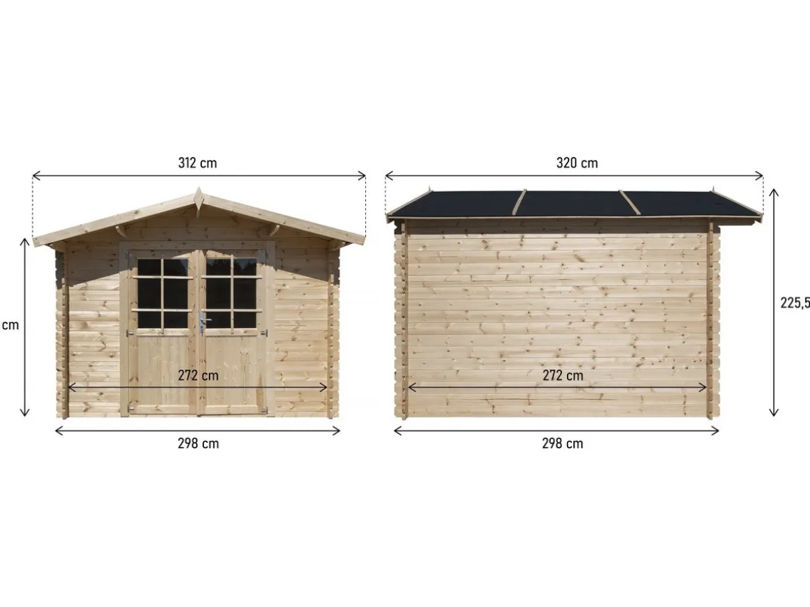 Abri de jardin bois 9.4 m² "Lys" - 320 x 298 x 225 cm - 28 mm