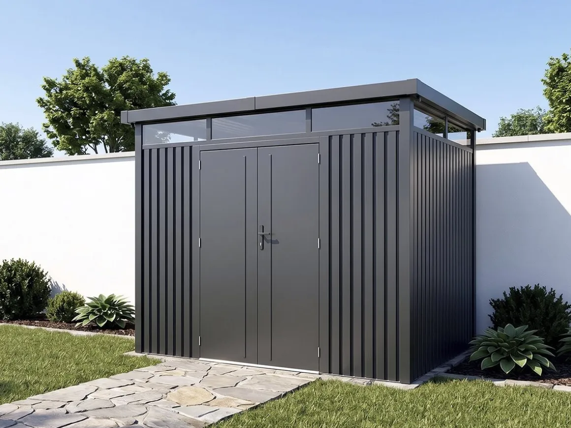 Abri de jardin métal premium avec toit plat et porte battante "Lexinton" - 6,76 m² - Gris