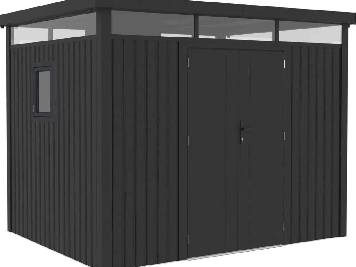 Abri de jardin métal premium avec toit plat et porte battante "Lexinton" - 6,76 m² - Gris