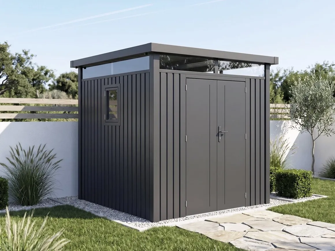 Abri de jardin métal premium avec toit plat et porte battante "Lexinton" - 5,29 m² - Gris