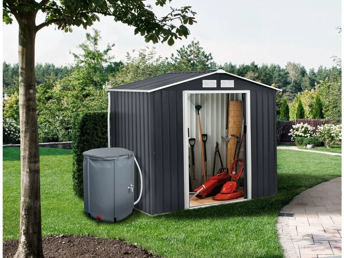 Abri de jardin métal- "Vegas"- 2,7 m² avec gouttière et récupérateur d'eau - Gris
