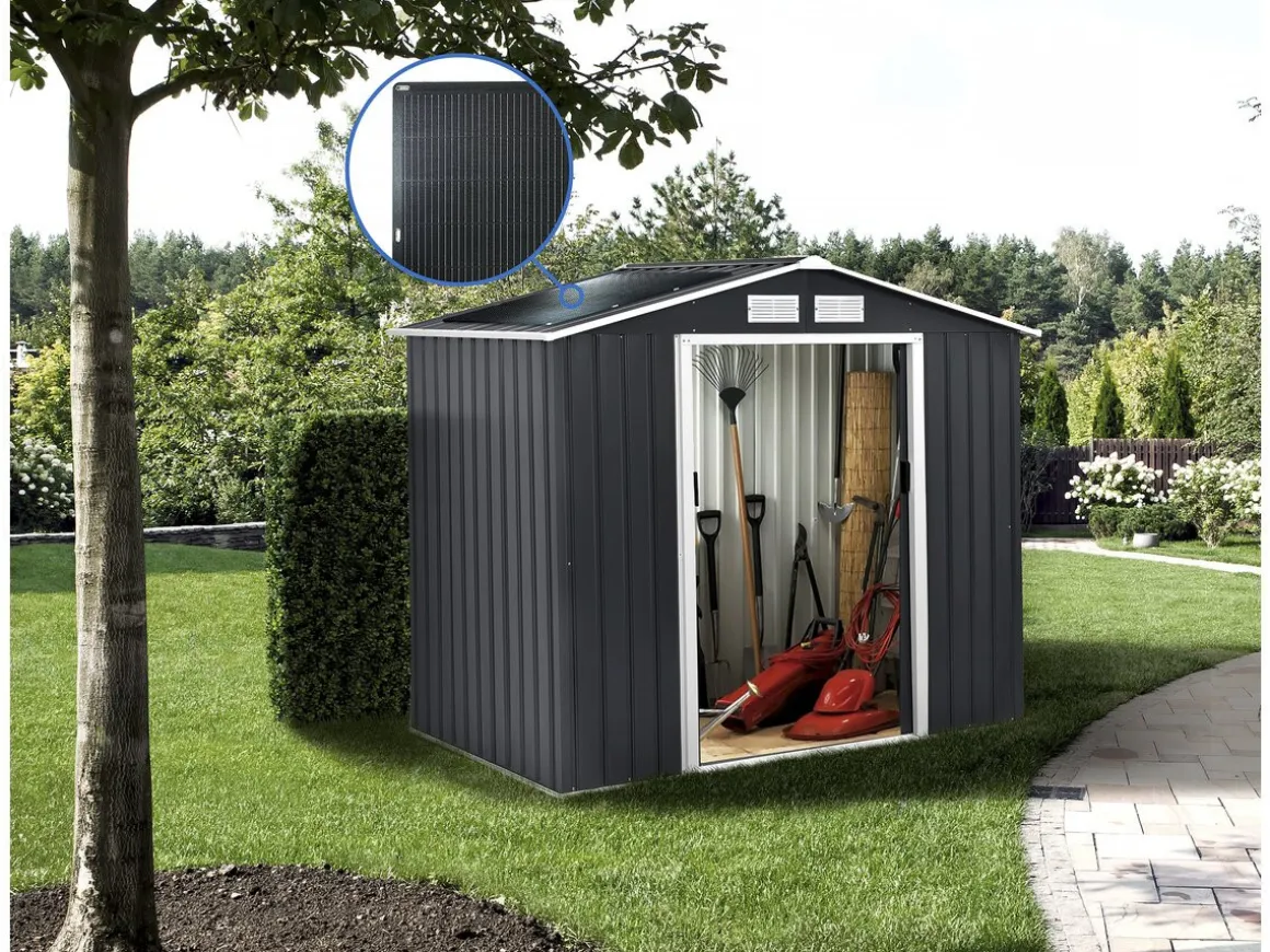Abri de jardin métal- "Vegas"- 2.7 m² avec panneaux solaires - Gris