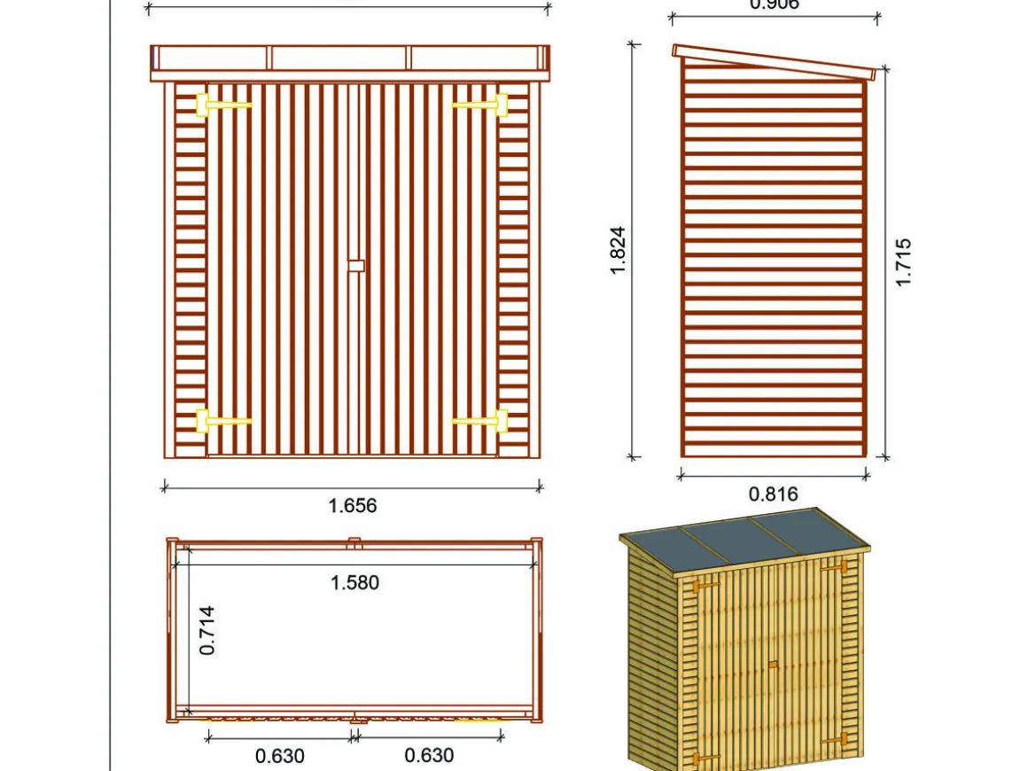 ABRI JARDIN BOIS ADOSSABLE LIPKI - 1.79 X 0.90 X 1.78/1.87 m