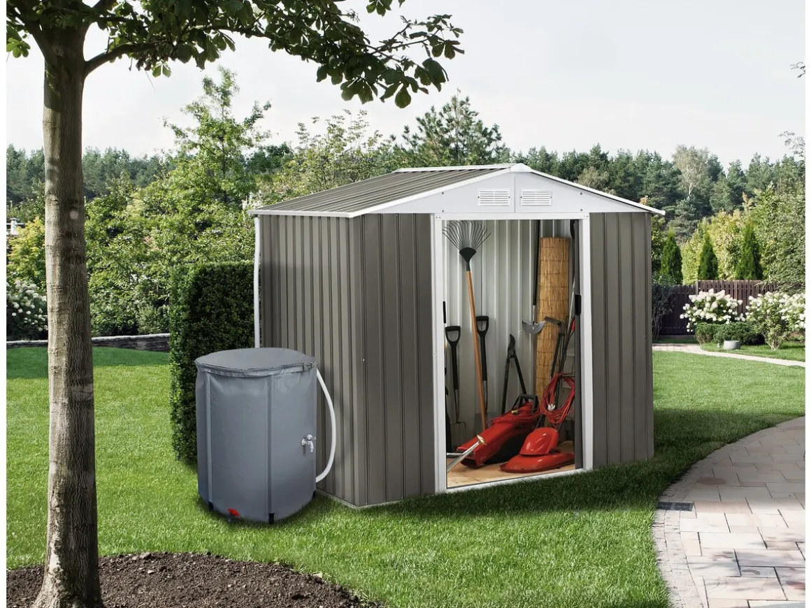 Abri jardin métal "Dallas" - 5,29 m² avec gouttière et récupérateur d'eau - Taupe