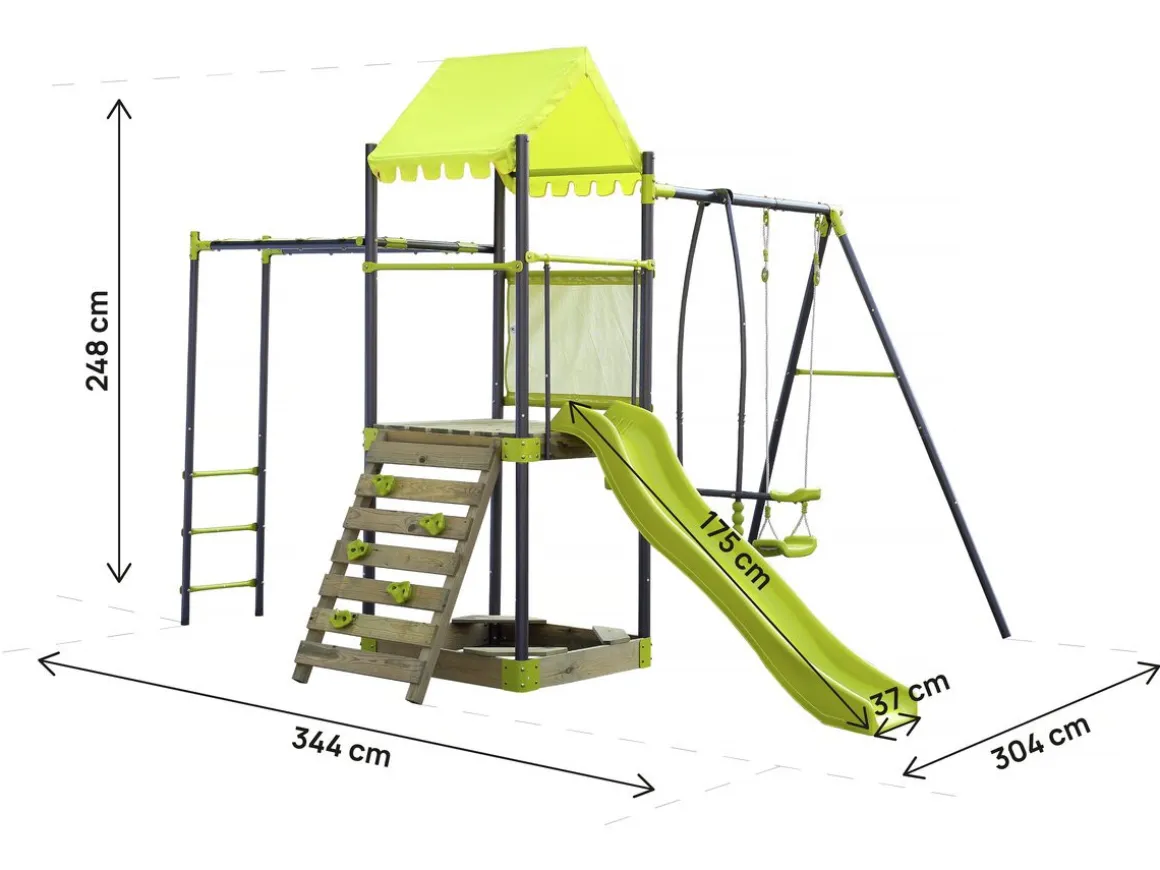 Aire de jeu portique en métal avec toboggan et bac a sable "Lucien" - Vert