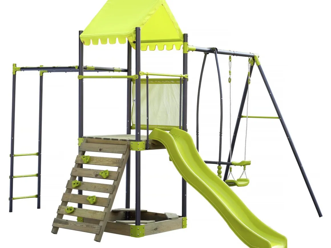 Aire de jeu portique en métal avec toboggan et bac a sable "Lucien" - Vert