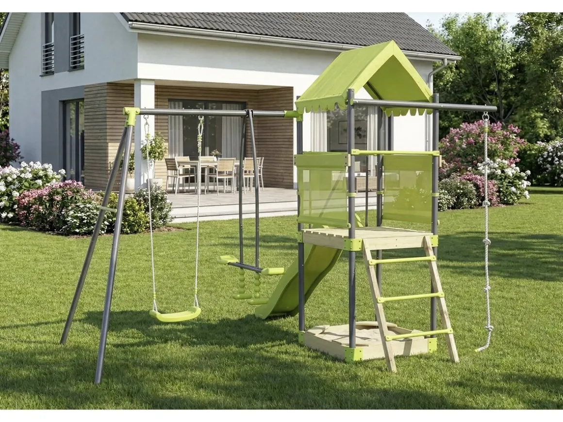 Aire de jeu portique en métal avec toboggan et bac a sable "Sohane" - Vert