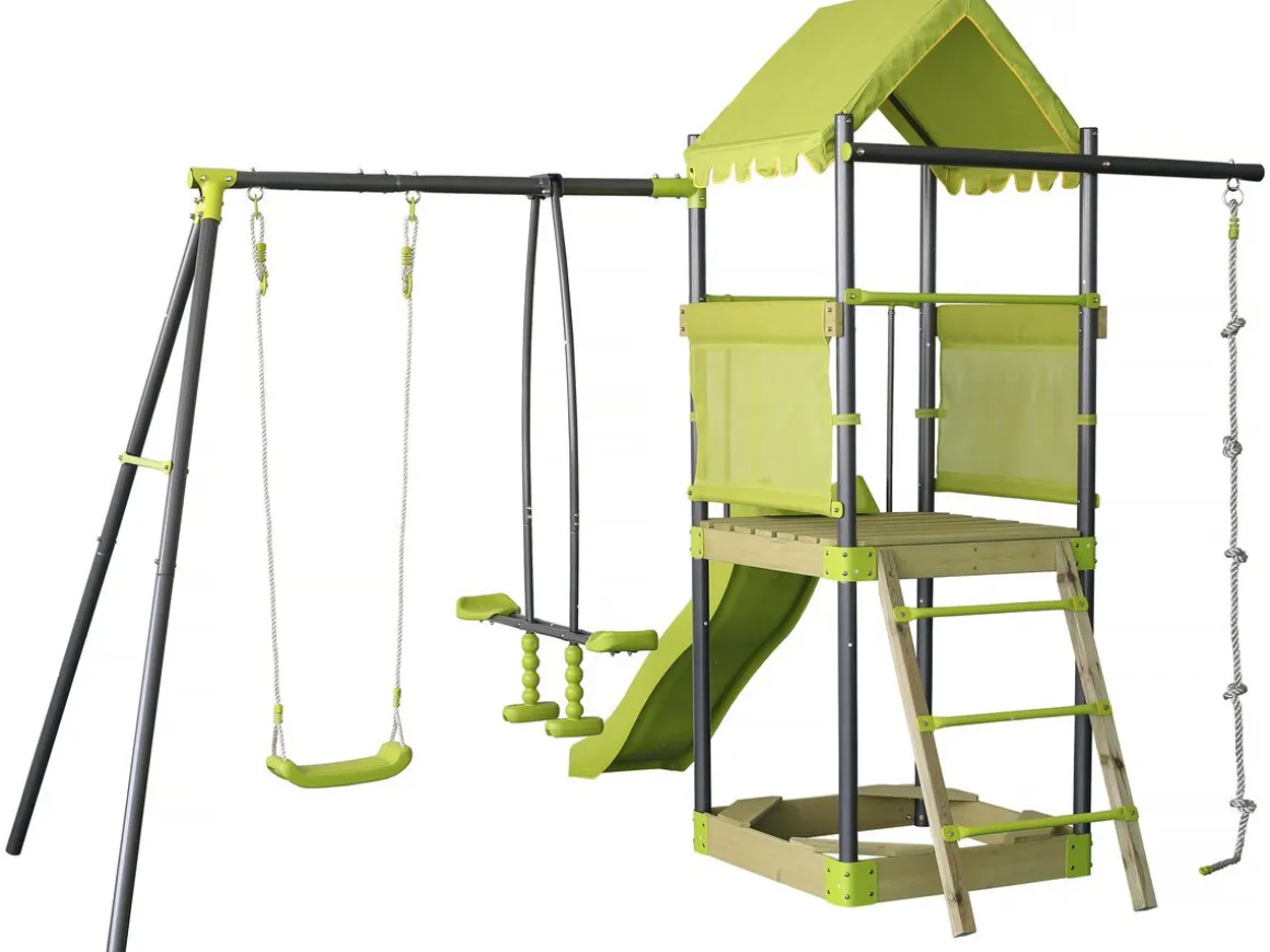 Aire de jeu portique en métal avec toboggan et bac a sable "Sohane" - Vert