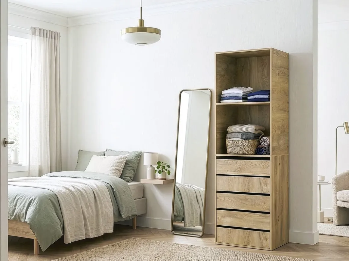 Armoire avec 5 tiroirs et 2 étagères "Opéra" - 60 x 45 x 180 cm - Beige