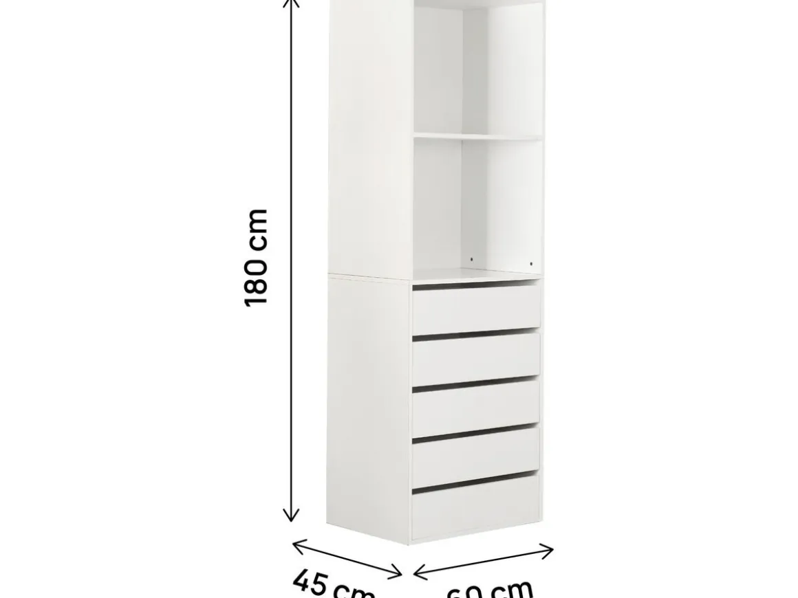 Armoire avec 5 tiroirs et 2 étagères "Opéra" - 60 x 45 x 180 cm - Blanc