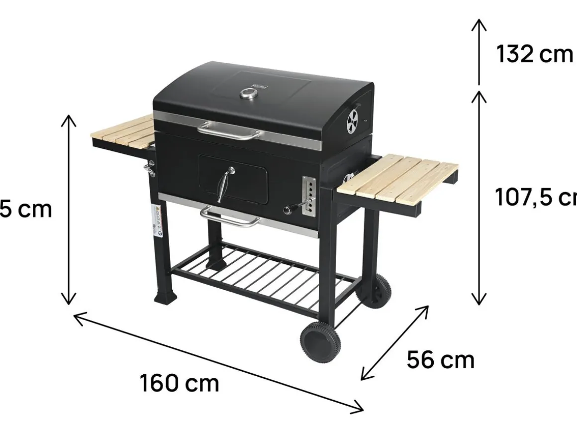 Barbecue charbon avec tablettes latérales et grilles réglables "Marquis" - Noir