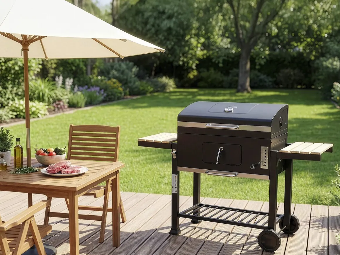 Barbecue charbon avec tablettes latérales et grilles réglables "Marquis" - Noir