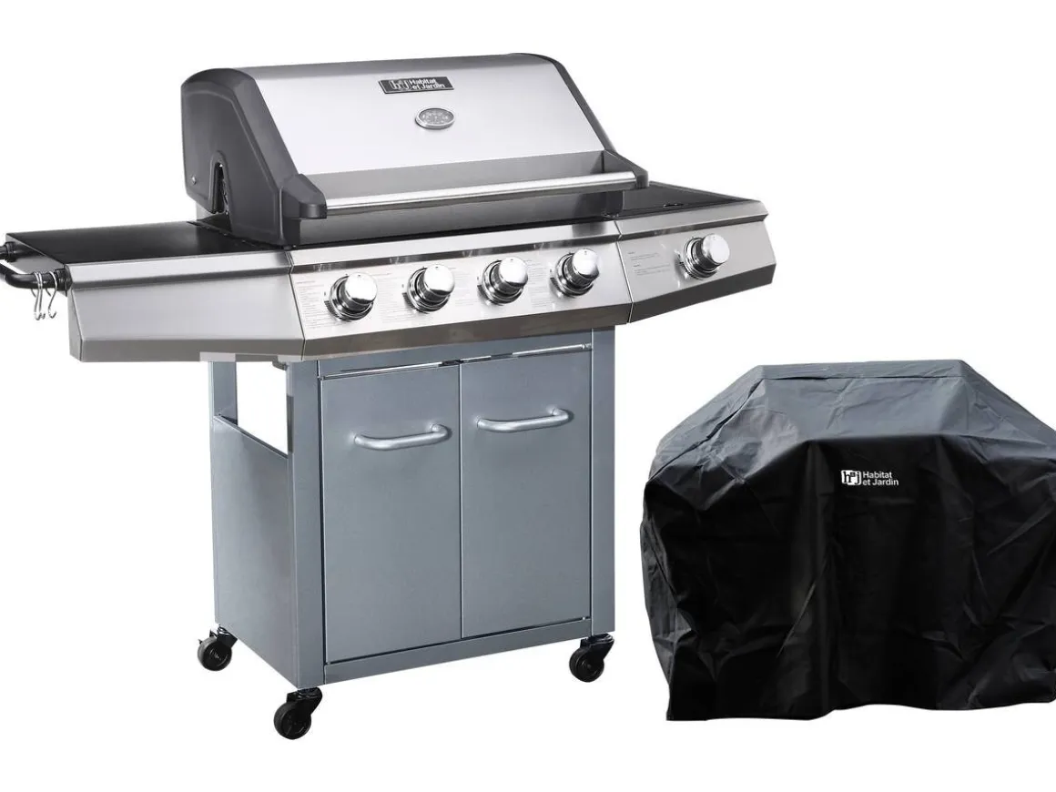 Barbecue gaz avec LED "Bingo 5" - 5 Brûleurs dont 1 latéral - 15.2kW + Housse protection - Argenté