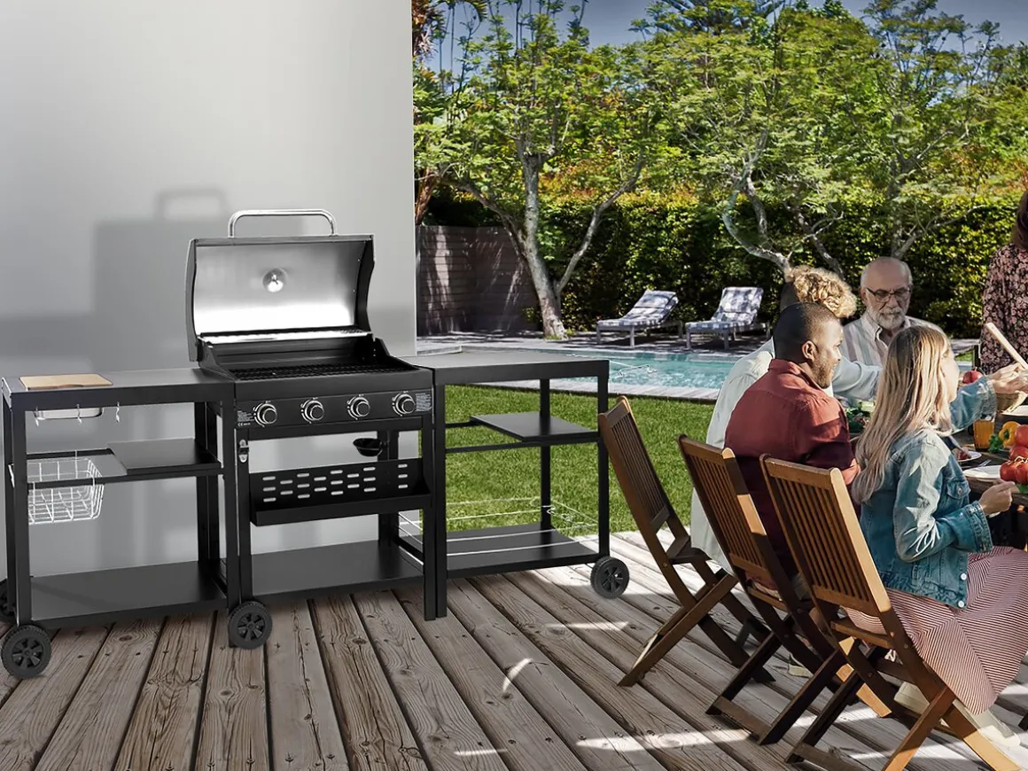 Barbecue à gaz cuisine d'extérieur - 12 kw - 4 brûleurs - Noir