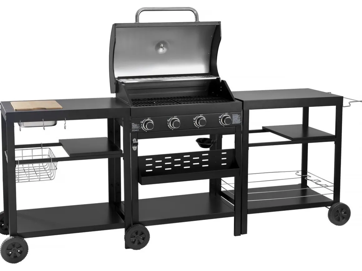 Barbecue à gaz cuisine d'extérieur - 12 kw - 4 brûleurs - Noir