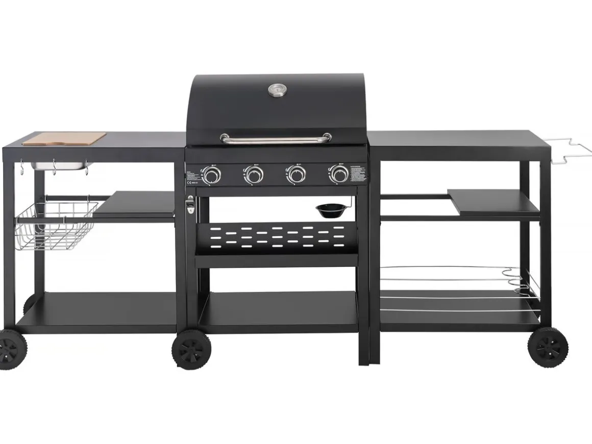 Barbecue à gaz cuisine d'extérieur - 12 kw - 4 brûleurs - Noir