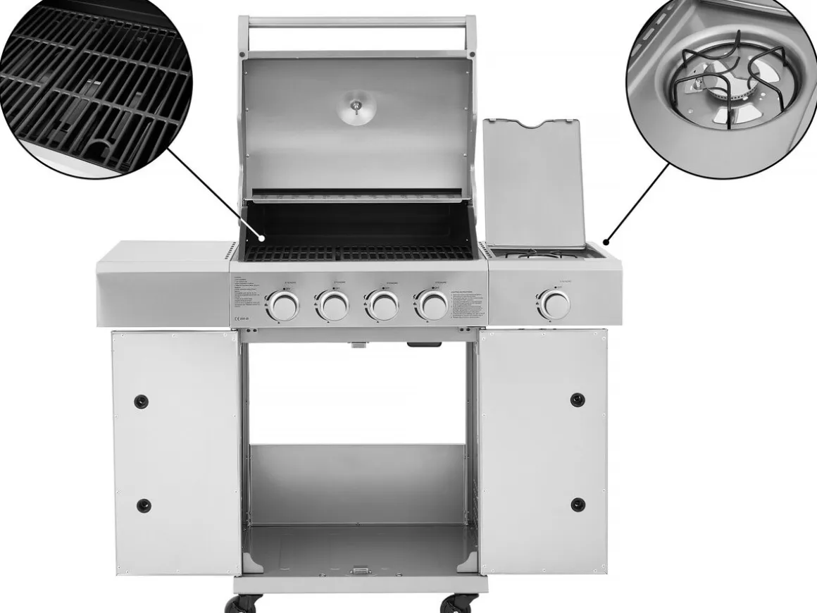 Barbecue gaz en inox avec 5 brûleurs dont 1 latéral "Brazzo" - 118 x 57 x 104 cm - Gris clair