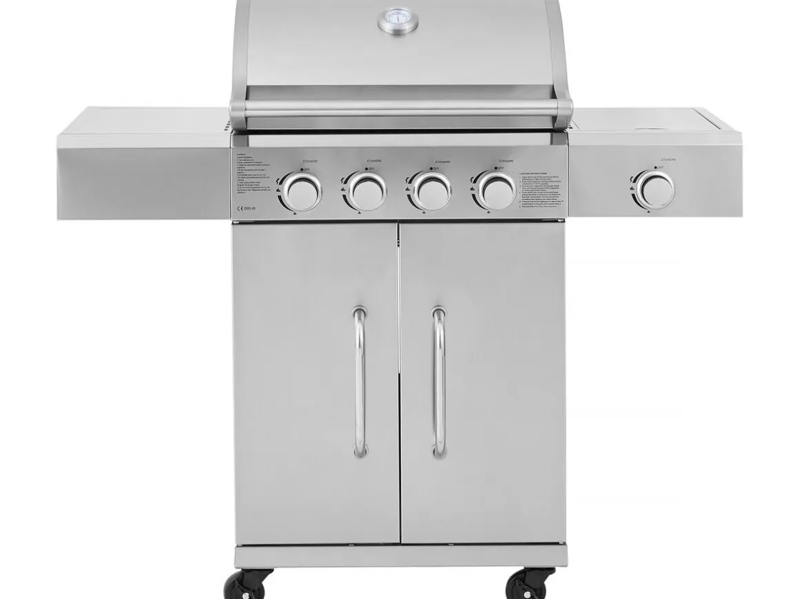 Barbecue gaz en inox avec 5 brûleurs dont 1 latéral "Brazzo" - 118 x 57 x 104 cm - Gris clair
