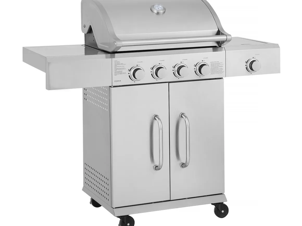 Barbecue gaz en inox avec 5 brûleurs dont 1 latéral "Brazzo" - 118 x 57 x 104 cm - Gris clair