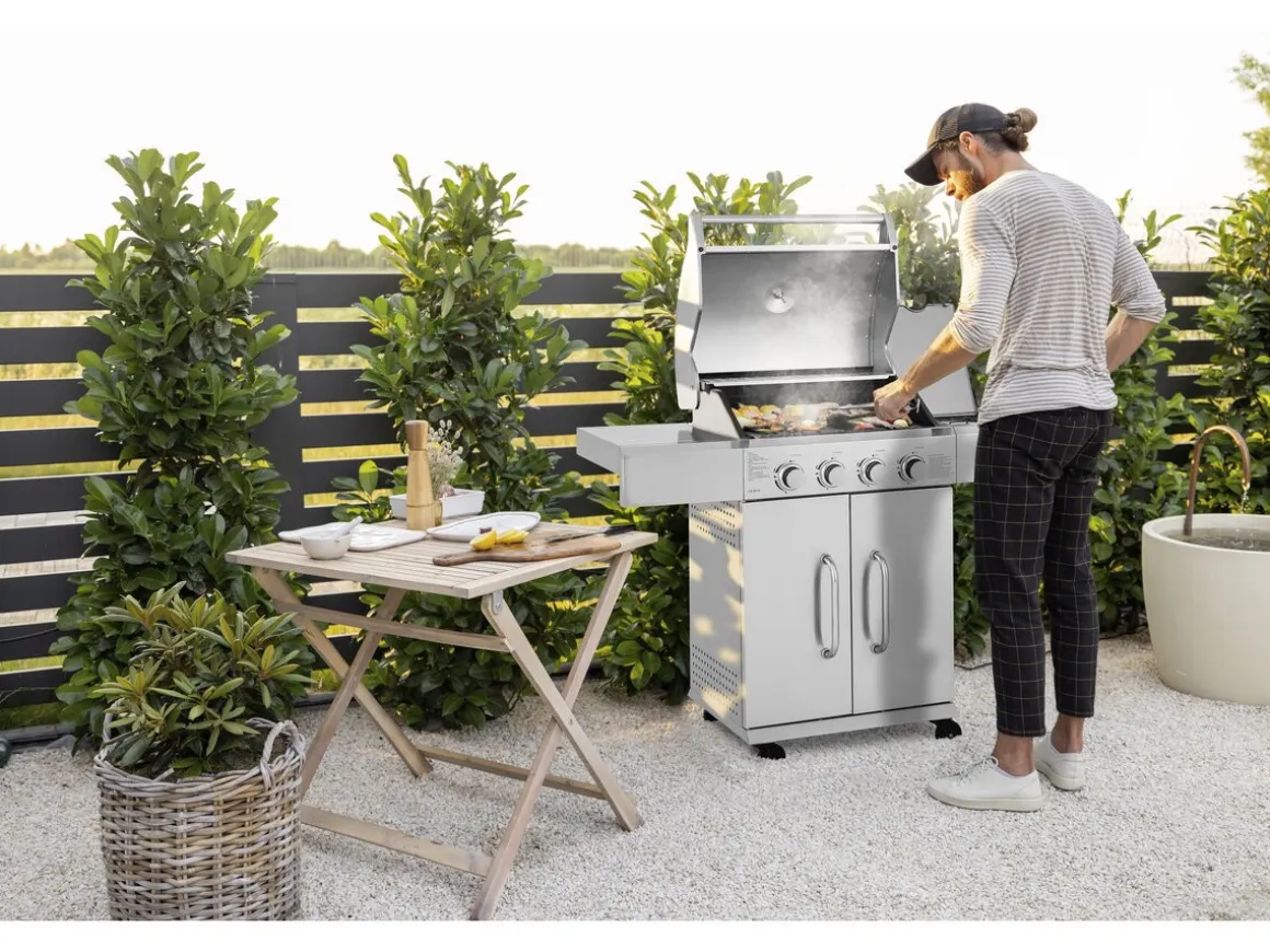 Barbecue gaz en inox avec 5 brûleurs dont 1 latéral "Brazzo" - 118 x 57 x 104 cm - Gris clair