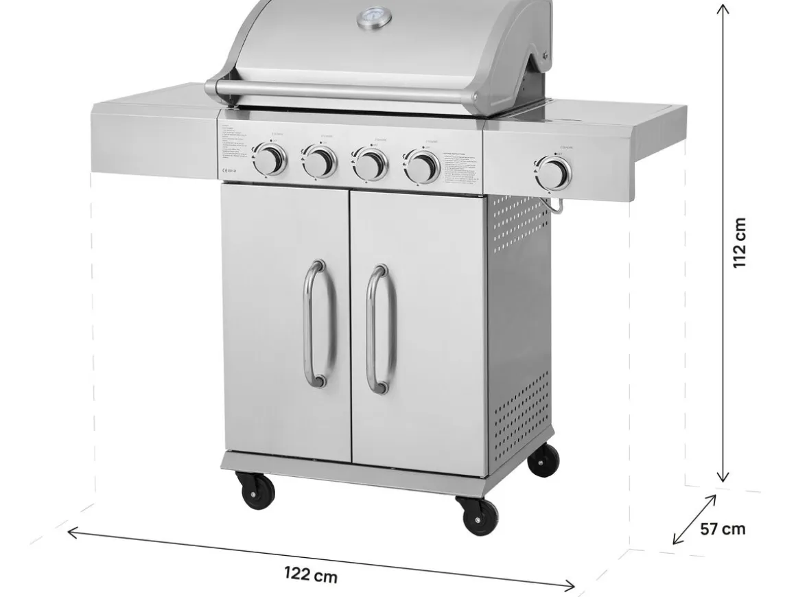 Barbecue gaz en inox avec 5 brûleurs dont 1 latéral "Brazzo" - 118 x 57 x 104 cm - Gris clair