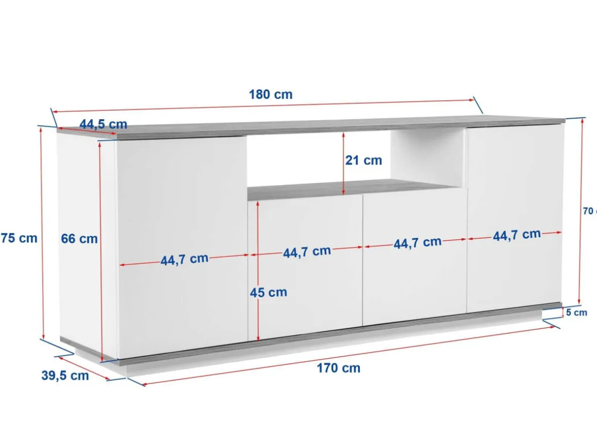 Buffet en bois "Arista" - 180 x 44.5 x 75 cm - Blanc / Chêne Cadiz