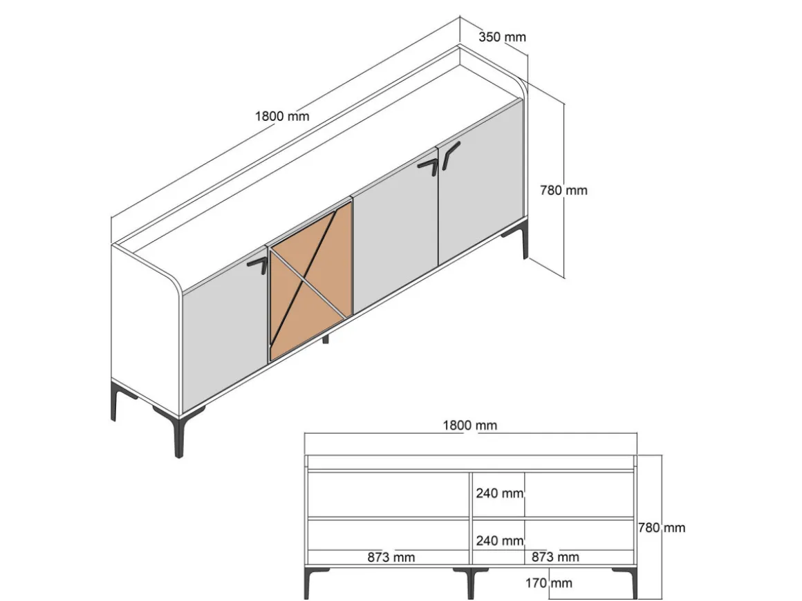 Buffet en bois "Venedik" - 180 x 35 x 78 cm - Gris anthracite
