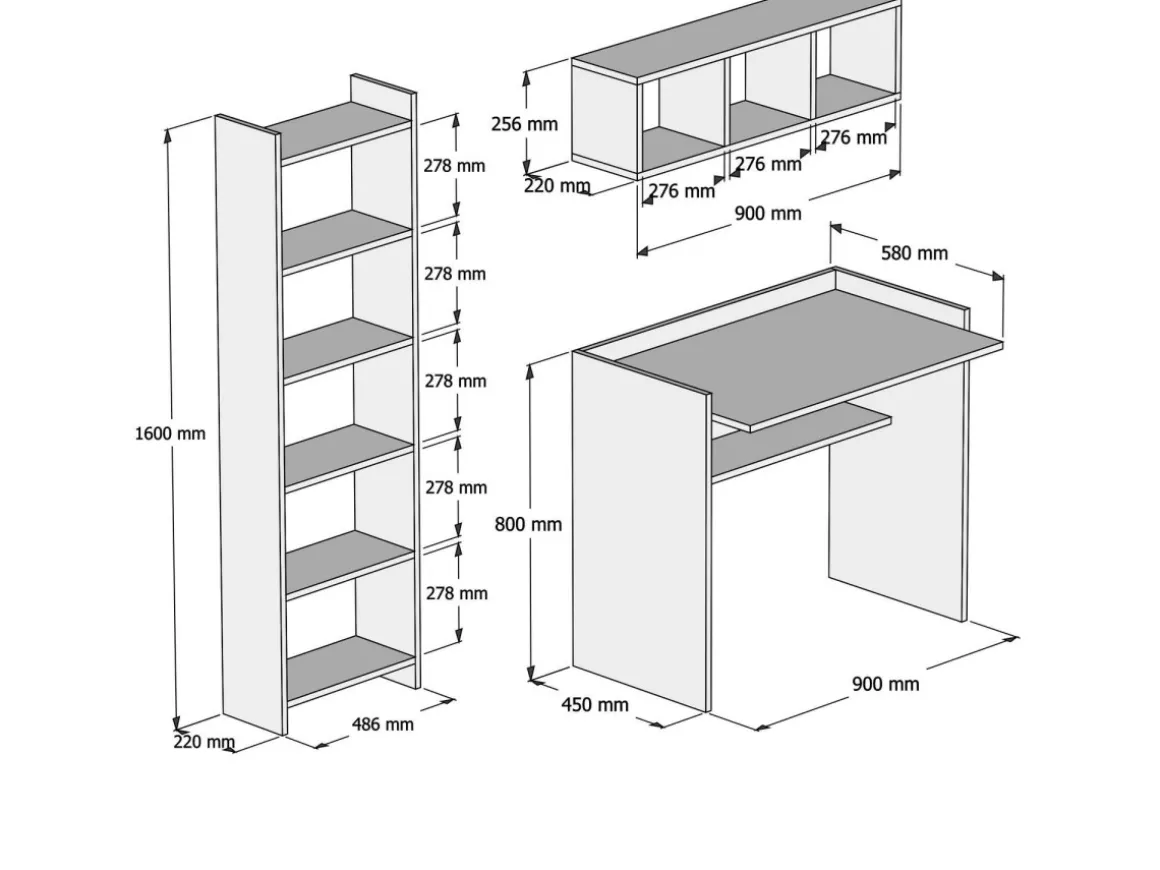 Bureau d'étude avec bibliothèque et étagère murale en bois "Matilda" - 90 x 58 x 80 cm - Blanc
