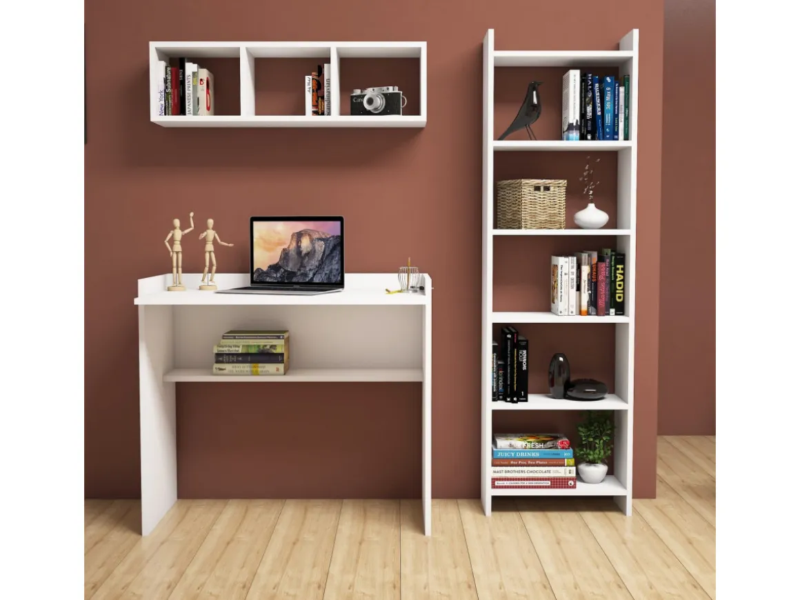 Bureau d'étude avec bibliothèque et étagère murale en bois "Matilda" - 90 x 58 x 80 cm - Blanc