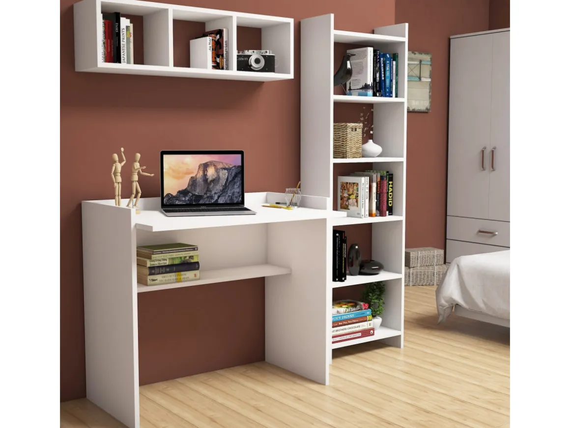 Bureau d'étude avec bibliothèque et étagère murale en bois "Matilda" - 90 x 58 x 80 cm - Blanc