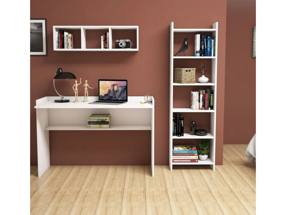 Bureau d'étude avec bibliothèque et étagère murale en bois "Hera" - 118 x 58 x 80 cm - Blanc