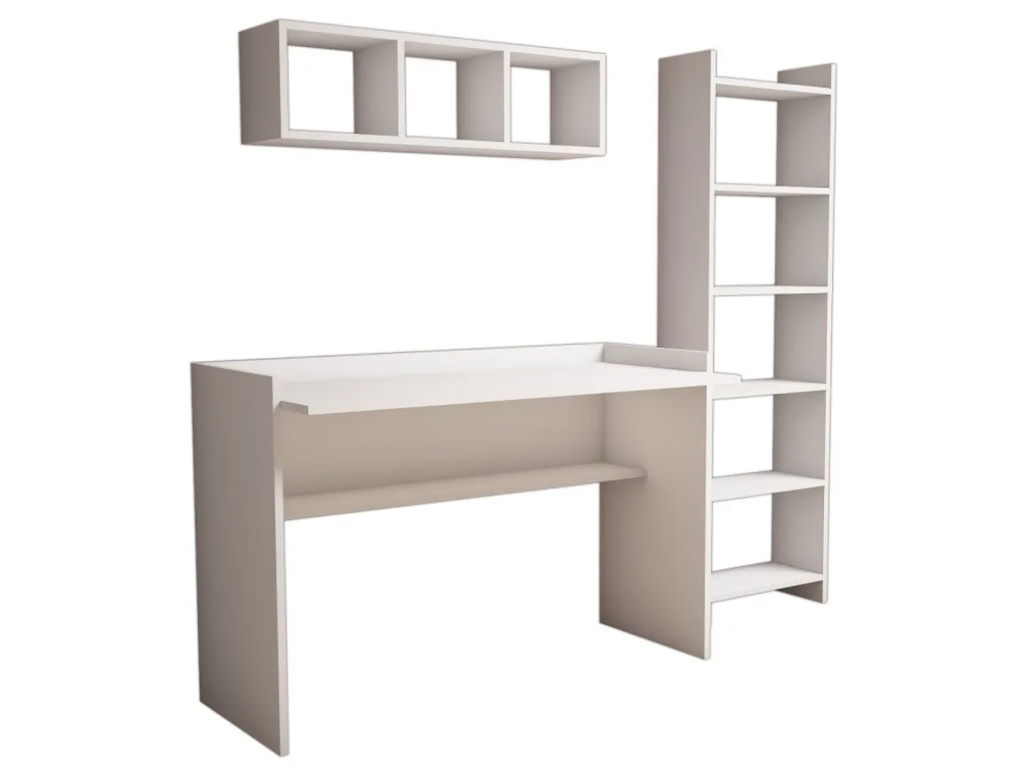 Bureau d'étude avec bibliothèque et étagère murale en bois "Hera" - 118 x 58 x 80 cm - Blanc