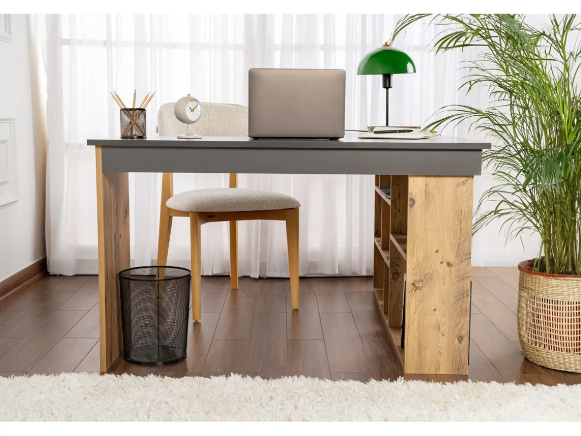 Bureau d'étude en bois "Vesper" - 130 x 120 x 72 cm - AnthracitePin atlantique