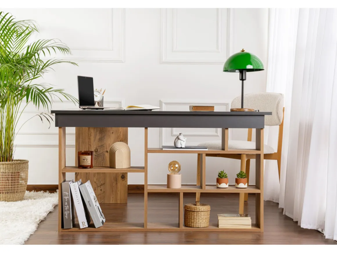 Bureau d'étude en bois "Vesper" - 130 x 120 x 72 cm - AnthracitePin atlantique