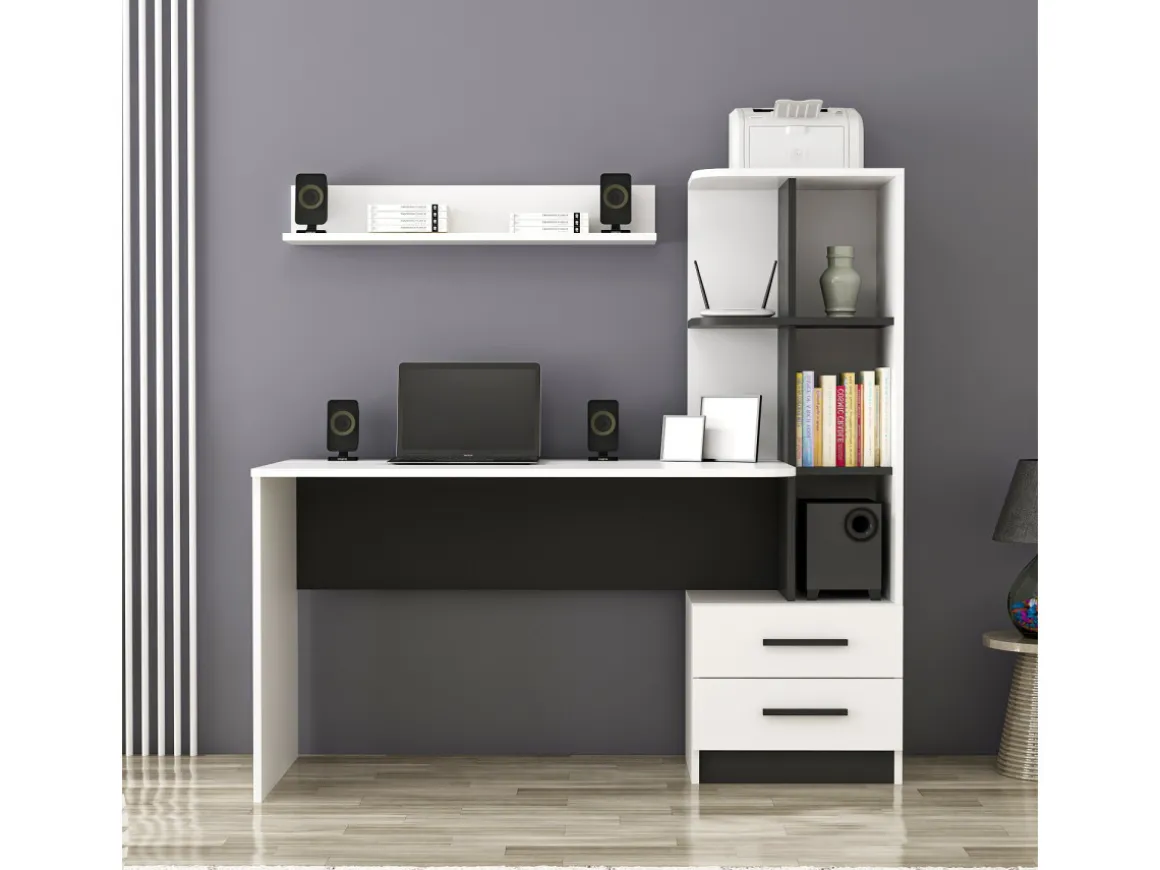 Bureau en bois "Alaska" - 146 x 60 x 142 cm - Blanc, Noir