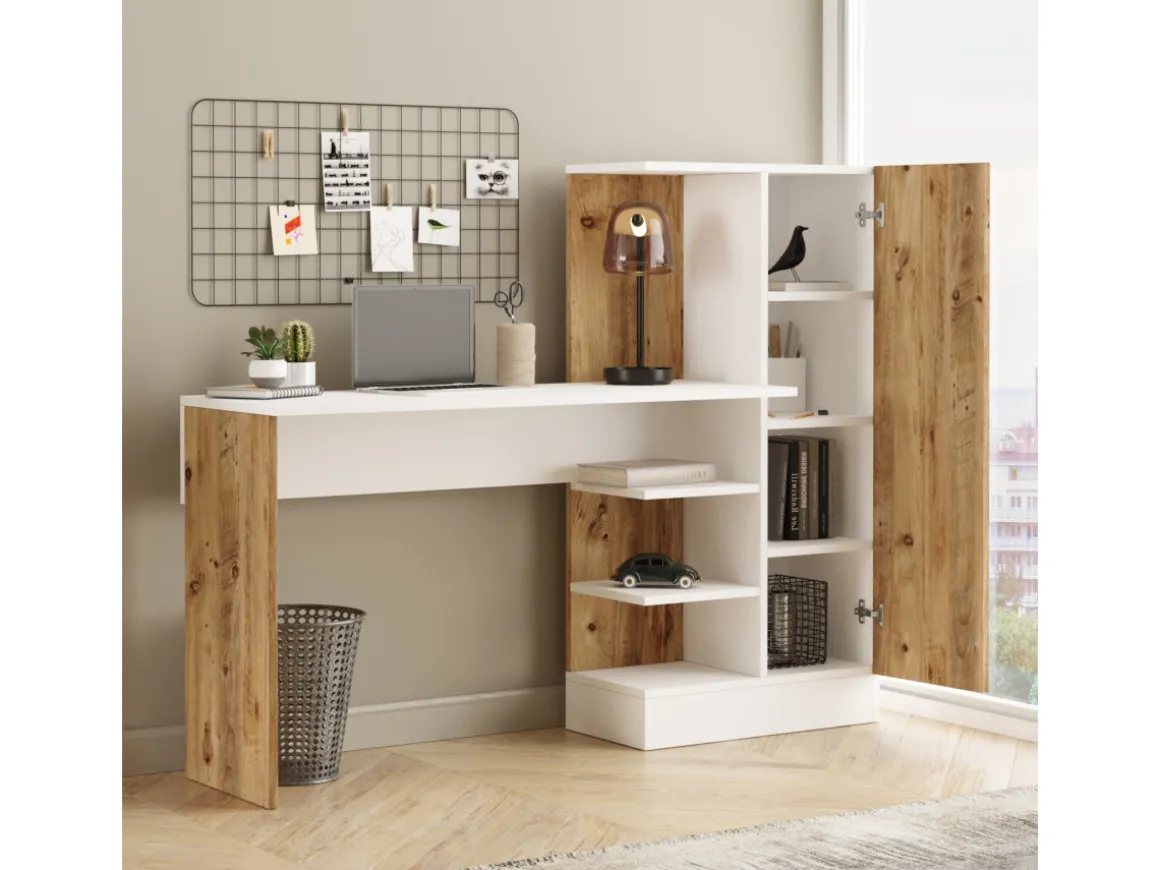 Bureau en bois "CT2" - 152 x 40 x 120 cm - Pin atlantique Blanc