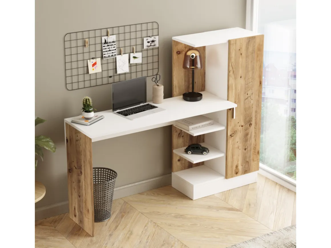 Bureau en bois "CT2" - 152 x 40 x 120 cm - Pin atlantique Blanc