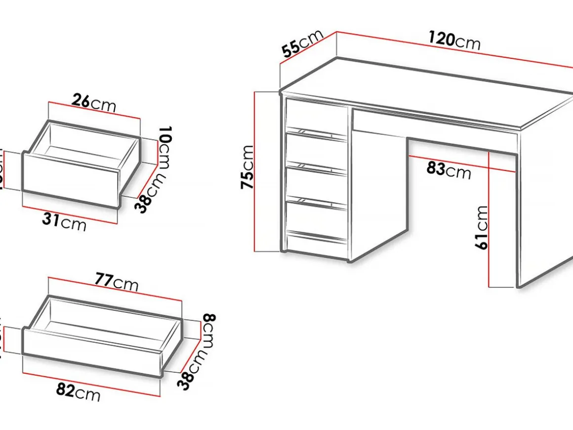 Bureau en bois 5 tiroirs "Malika" - 120 x 75 x 55 cm - Blanc