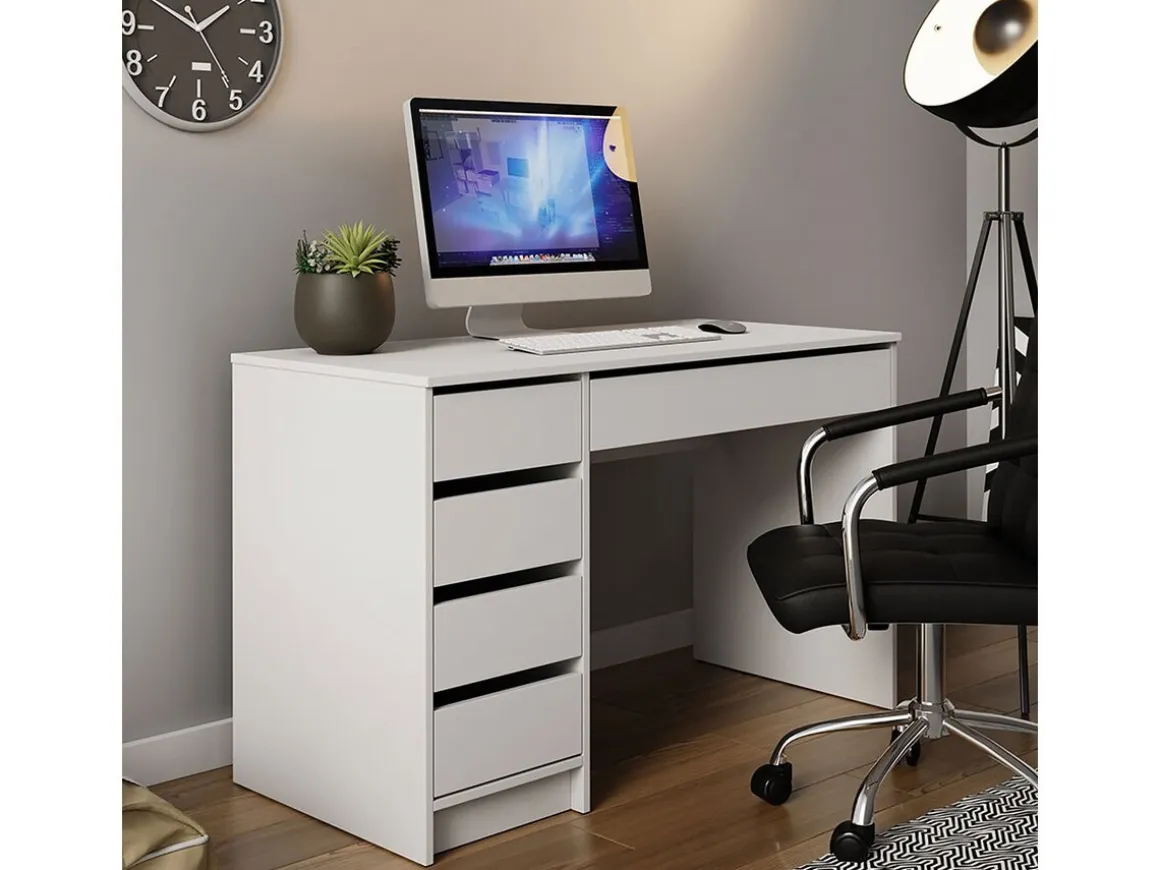 Bureau en bois 5 tiroirs "Malika" - 120 x 75 x 55 cm - Blanc
