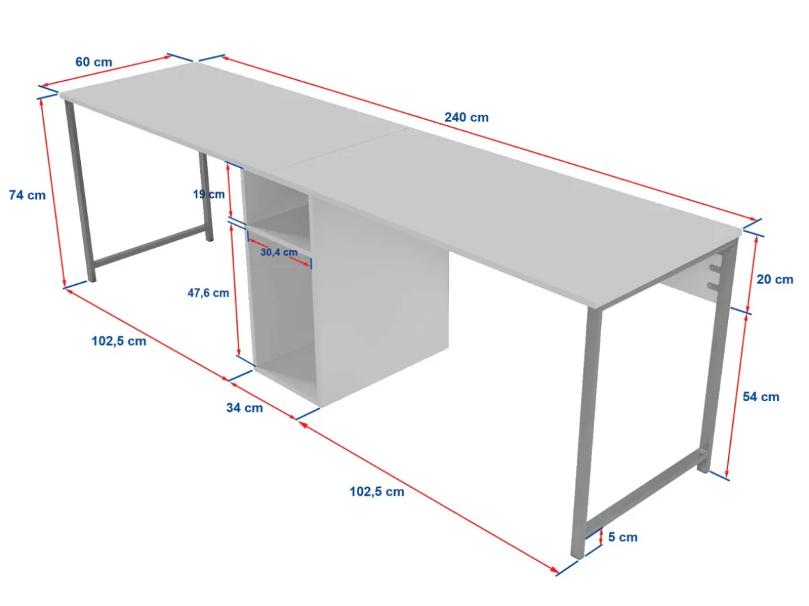 Bureau en bois "Twin Study Desk" - 240 x 60 x 74 cm - AnthraciteNoir