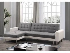 Canapé d'angle convertible et réversible "Theo" - 258 x 82/147 x 82 cm - 4 places -Gris/Blanc