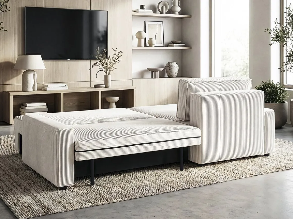 Canapé d'angle convertible et reversible en velours côtelé "Montaigne" - 3 places - Beige