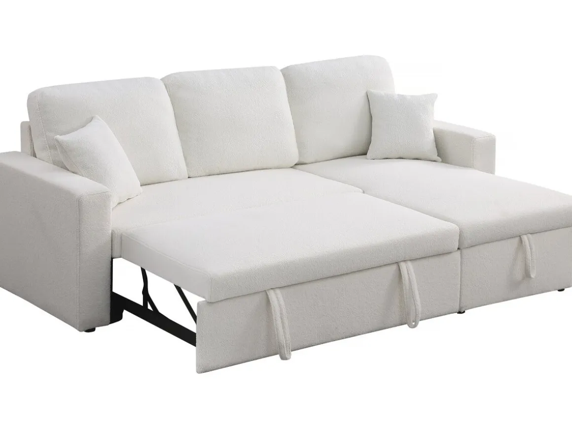 Canapé d'angle convertible/reversible avec coffre "Alain" - 3 places - Bouclettes - Blanc