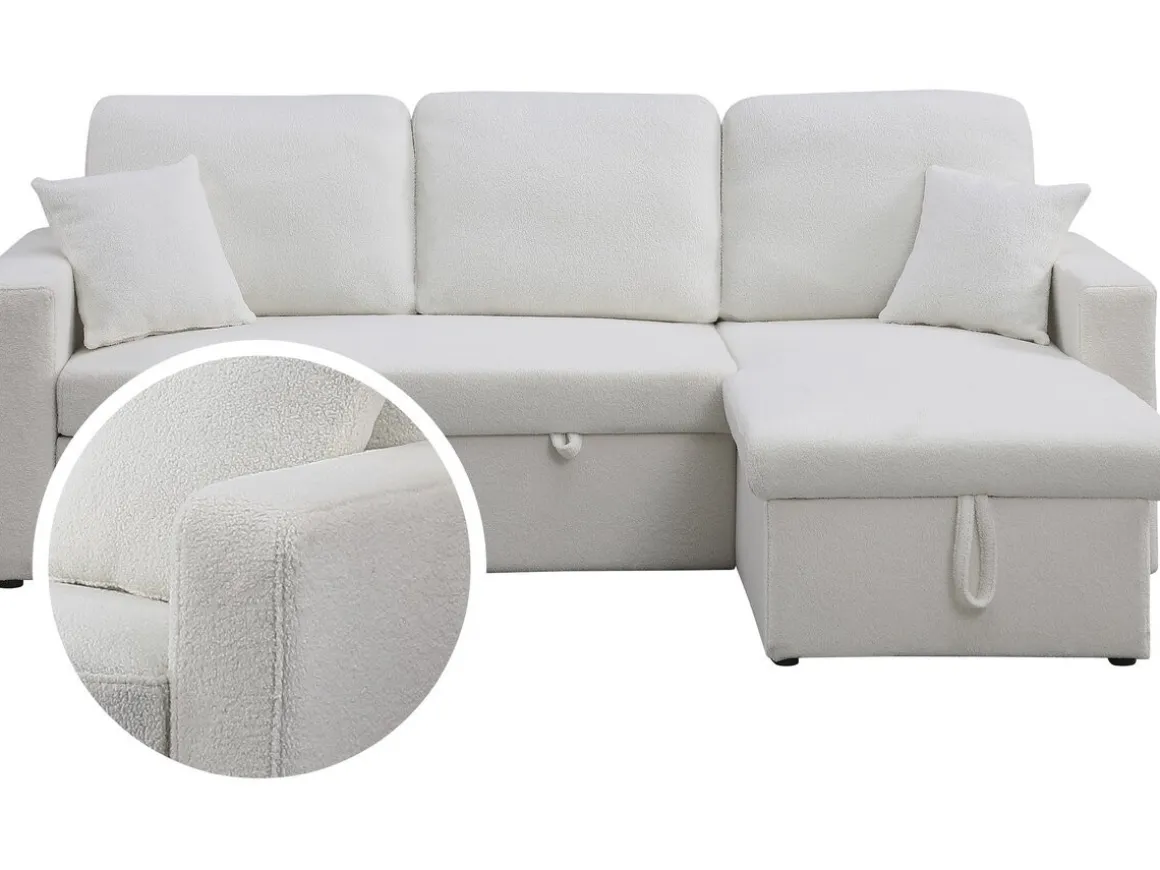 Canapé d'angle convertible/reversible avec coffre "Alain" - 3 places - Bouclettes - Blanc
