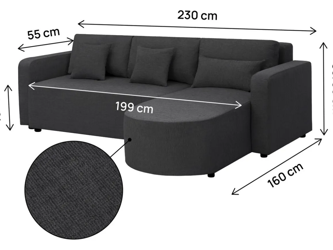 Canapé d'angle convertible/réversible en tissu "Charles" - 3 places - Noir