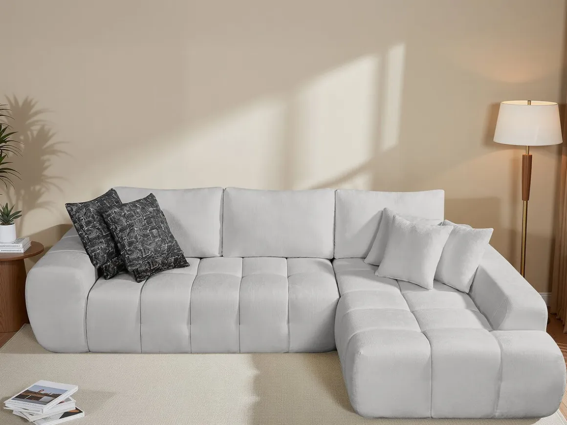 Canapé d'angle droit en tissu style bubble "Sidonie" - 4 places - Gris