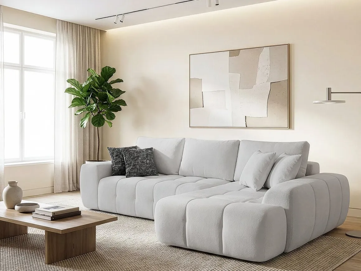 Canapé d'angle droit en tissu style bubble "Sidonie" - 4 places - Gris
