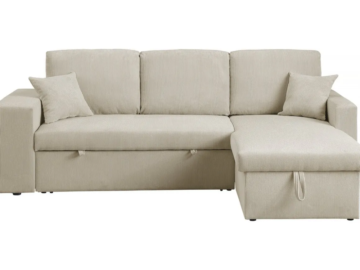 Canapé d'angle en velours côtelé convertible/réversible "Axel" - 3 places - Beige