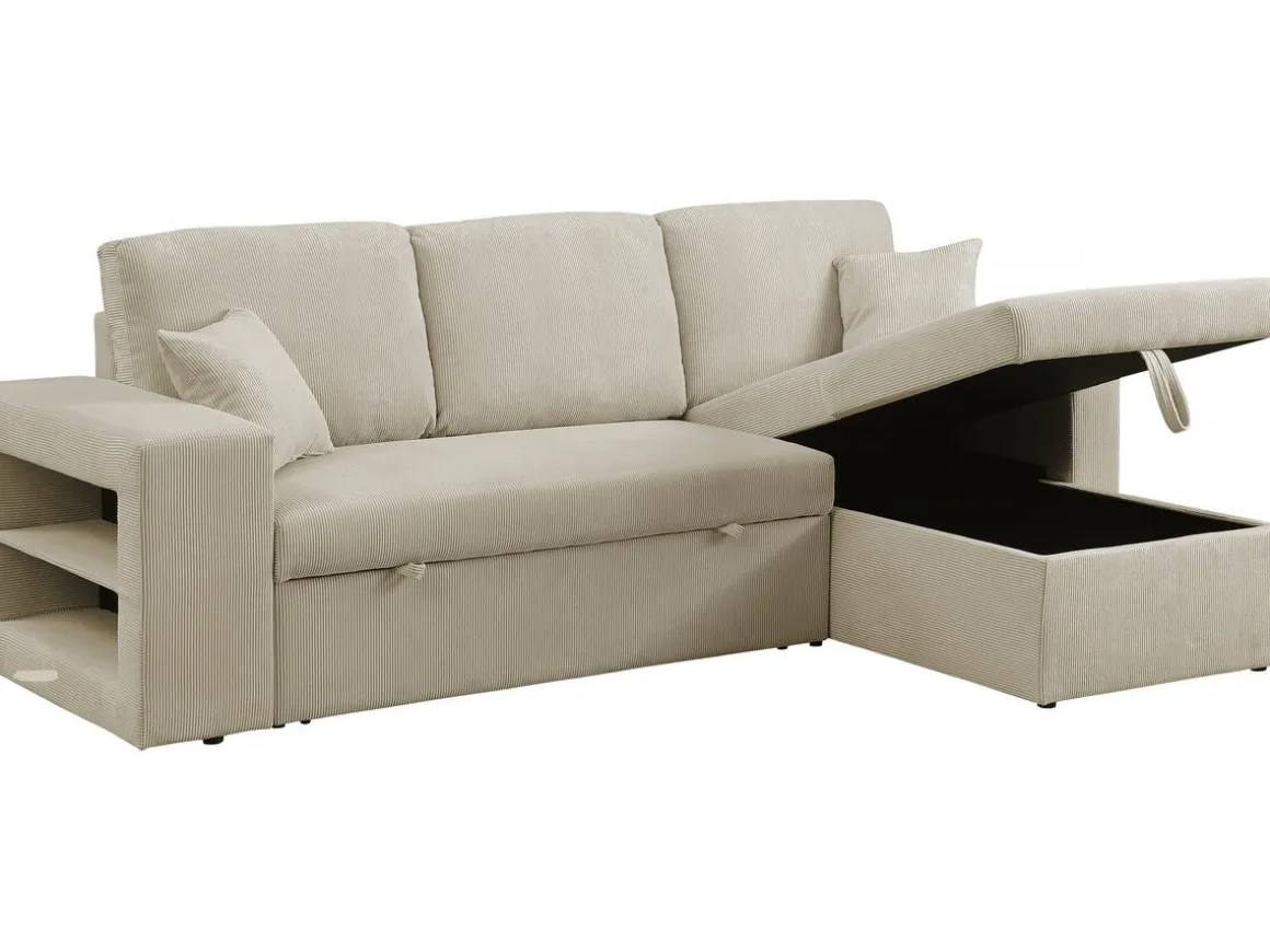 Canapé d'angle en velours côtelé convertible/réversible "Axel" - 3 places - Beige