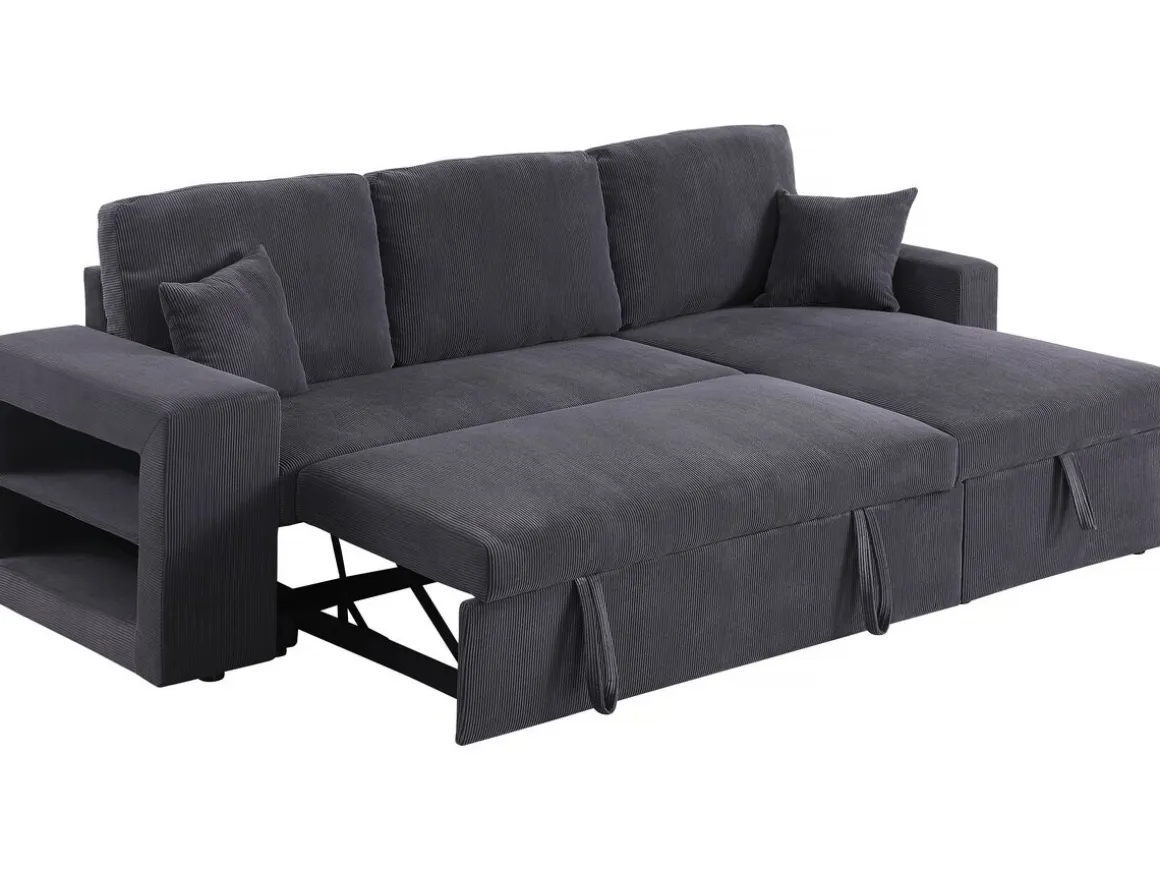 Canapé d'angle en velours côtelé convertible/réversible "Axel" - 3 places - Gris